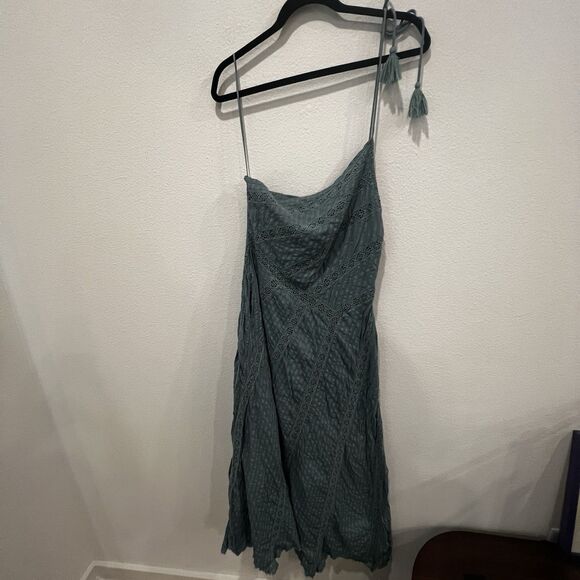 FREE PEOPLE BELLA Dress Boho One Shoulder Embroidery Maxi Green Blue Sz S - Picture 1 of 9